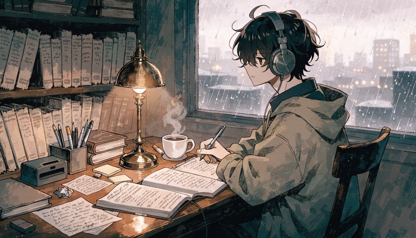 Ilustrasi anime lo-fi seorang pelajar begadang belajar di meja dengan lampu hangat